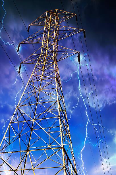 istock Electricity Pylon with Lightning in Background. 104636122