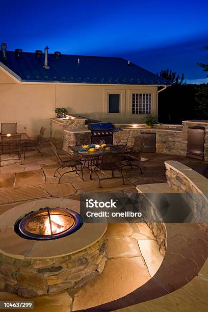 Backyard At Dusk With Fire Pit Stock Photo - Download Image Now - Kitchen, Outdoors, Patio