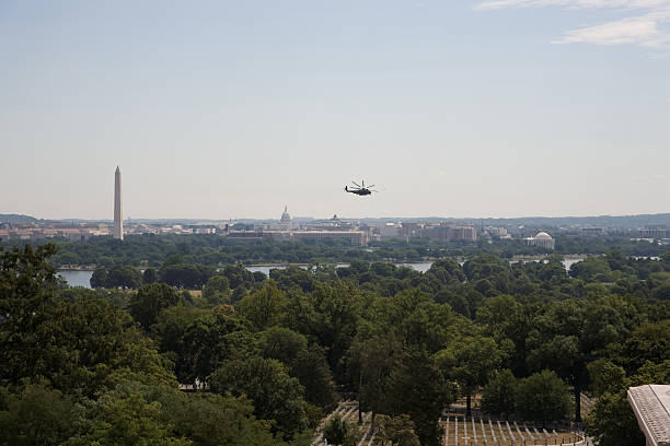 Helicopter Flies Over Washington, DC stock photo
