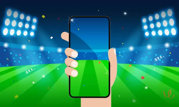 Vector illustration of Hand holding smartphone with sports stadium background Vector illustration.