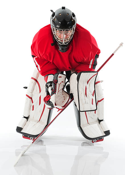 ice hockey goalie posing in full gear - ijshockey mannen fotos stockfoto's en -beelden
