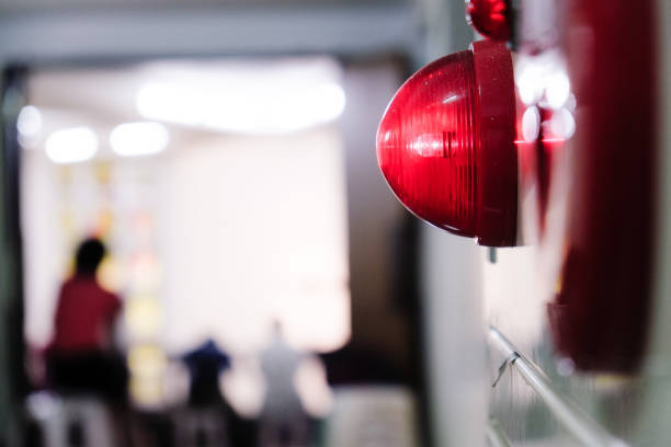 Alarm bells and warning lights for avoiding fire. In public areas such as the MRT, railway stations, high-speed rail, and airports.In Asia. Concept of fire, water, water, warning, danger, building, fire, fire extinguisher unsafe workplace stock pictures, royalty-free photos & images