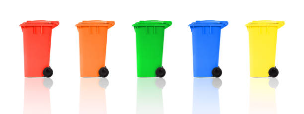 set of recycling bins with reflections