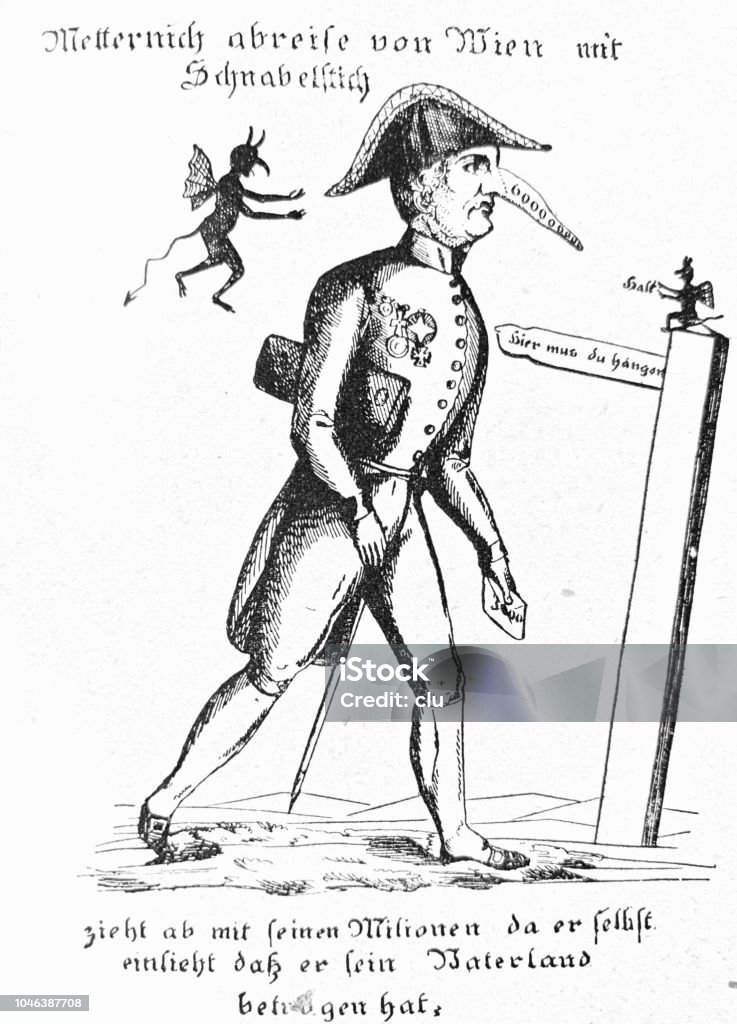 Fürst Metternich cartoon from the year 1848 Illustration from 19th century Archival stock illustration