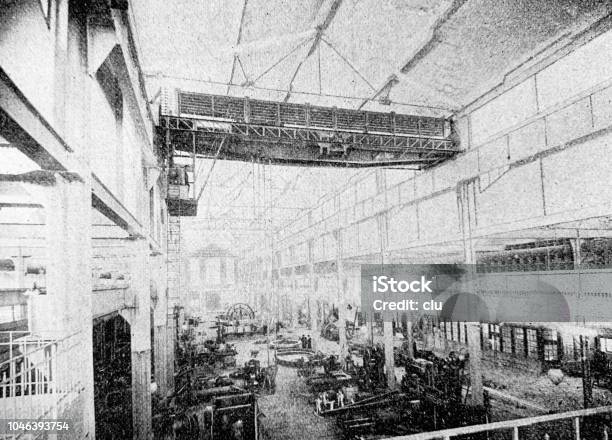 Assembly Hall Of A Machine Factory Stock Illustration - Download Image Now - Black And White, Construction Industry, Old