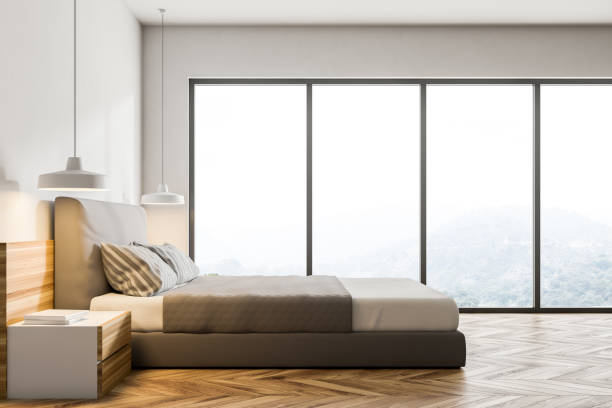 istock Wooden floor loft bedroom interior, side view 1046398226