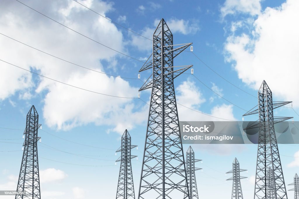 Row of power line supports against blue sky, side Row of high voltage steel power line supports over a blue sky with many clouds. Side view. 3d rendering mock up Blue Stock Photo