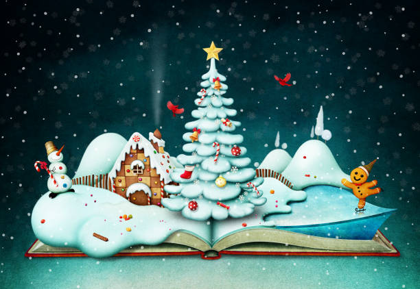 Holiday book with Christmas scene Holiday greeting card or poster with fantasy book and Christmas scene. Computer graphics. gingerbread house cartoon stock illustrations