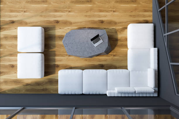 istock Gray living room interior, white sofa, top view 1046400714