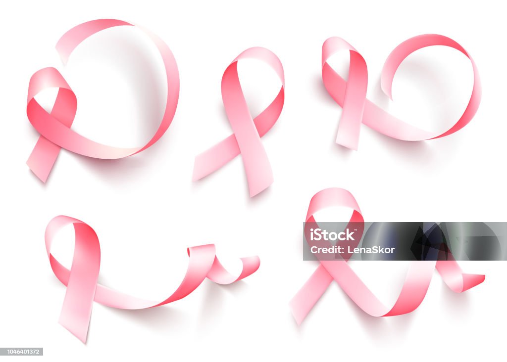 Grand ensemble de ruban rose réaliste, isolé sur fond blanc. Symbole du mois de sensibilisation du cancer du sein en octobre. Vector - clipart vectoriel de Ruban de lutte contre le cancer du sein libre de droits