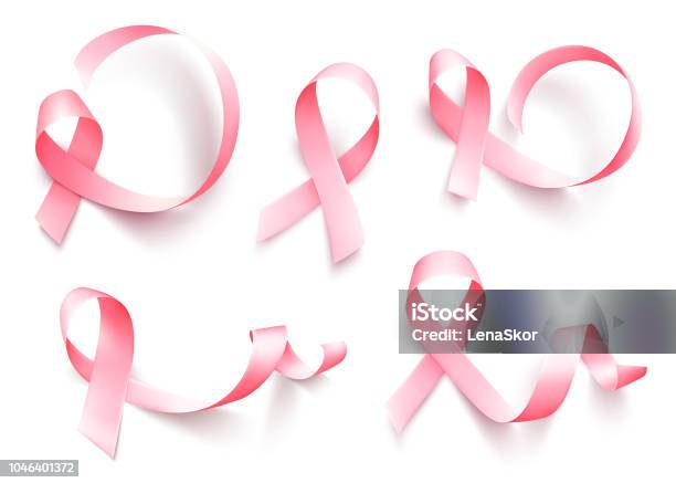 Big Set Of Realistic Pink Ribbon Isolated Over White Background Symbol Of Breast Cancer Awareness Month In October Vector Stock Illustration - Download Image Now