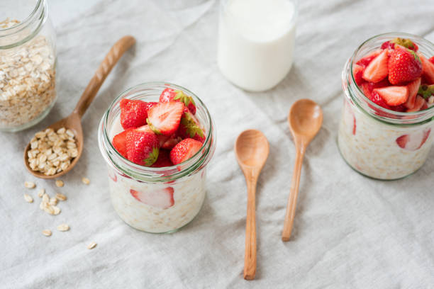 Overnight oats with strawberries in a jar