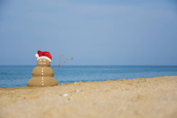 istock Sandy Christmas snowman with Santa hat at sunny beach 1046410028