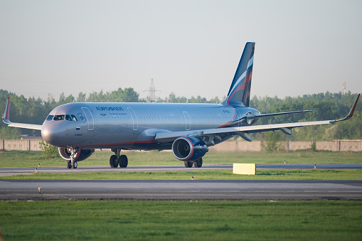 Novosibirsk, Russia – June 7, 2018: Airbus A321-211 VP-BKJ Aeroflot on the runway of Tolmachevo International Airport.