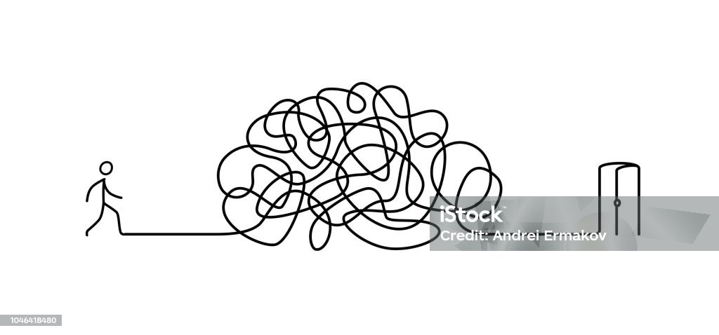 Illustration of a man walking through a labyrinth to the exit. Vector. The labyrinth is like a brain. Metaphor. Linear style. Illustration for a website or presentation. Solving problems in life. Search and exit. Maze stock vector