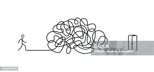 Illustration Of A Man Walking Through A Labyrinth To The Exit Vector The Labyrinth Is Like A Brain Metaphor Linear Style Illustration For A Website Or Presentation Solving Problems In Life Search And Exit Stock Illustration - Download Image Now