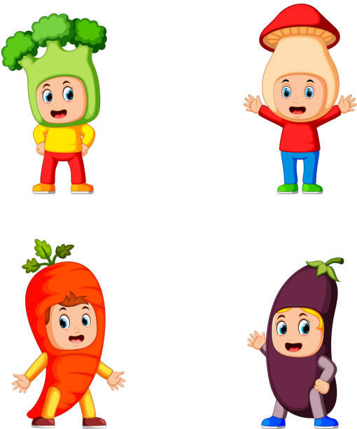 illustrazioni stock, clip art, cartoni animati e icone di tendenza di la collezione dei bambini utilizzando il costume verdure guarire con diverse varianti - 5895