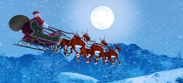 Santa and Reindeer travelling in snow