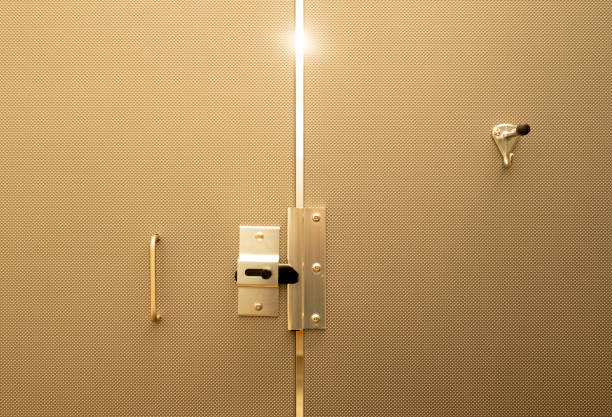 Light streams through the doors in a beautifully designed assembled and toned bathroom stall
