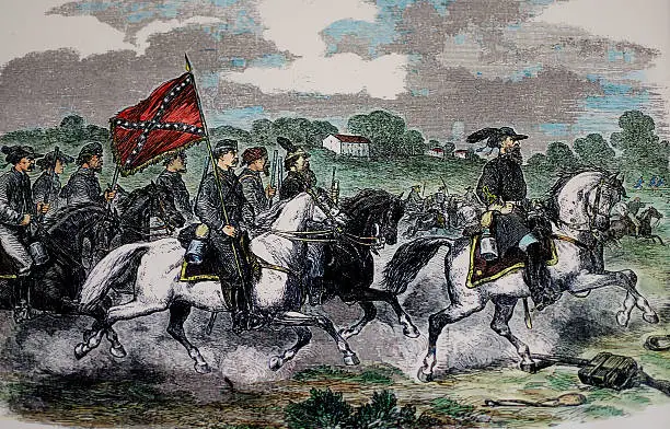 Photograph of an 1862 engraving of General Jeb Stuart and his cavalry near Culpepper Courthouse, Culpeper, Virginia.