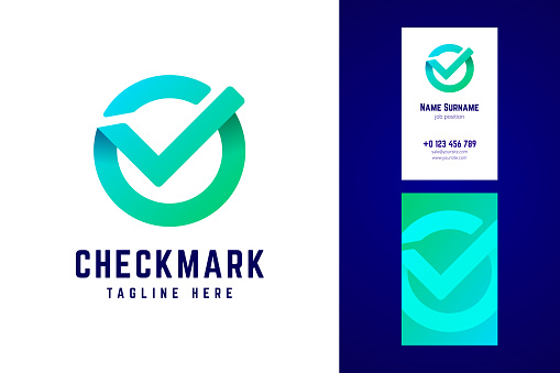 Check mark sign and business card template in gradient style. Origami style with overlapping effect. Vector illustration.