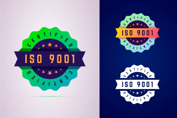 Iso 9001 certified badge. Three color variants label for certificated product. Iso 9001 certified badge. Three color variants label for certificated product. Vector illustration in modern gradient style. 2015 stock illustrations