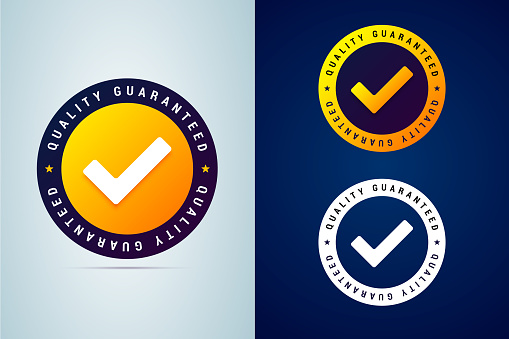 Quality guaranteed - tested badge. Vector illustration with check mark icon. Round sign in three color variants.