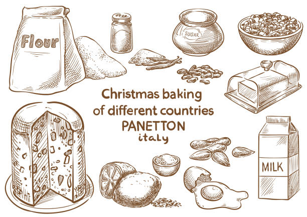 illustrazioni stock, clip art, cartoni animati e icone di tendenza di cottura natalizia. ingredienti.panetton.italia - panettone