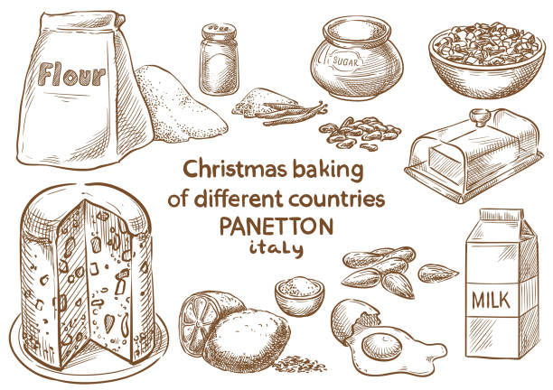 크리스마스 굽기입니다. ingredients.panetton.italy - italian culture cake pastry food stock illustrations