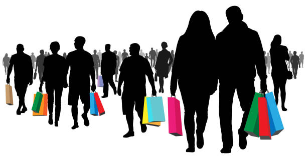 Shopping, shop. Many buyers. People go with the goods and packages. Crowd of people going to a meeting silhouette. Isolated vector Shopping, shop. Many buyers. People go with the goods and packages. Crowd of people going to a meeting silhouette. Isolated vector silhouette symbol computer icon shopping bag stock illustrations
