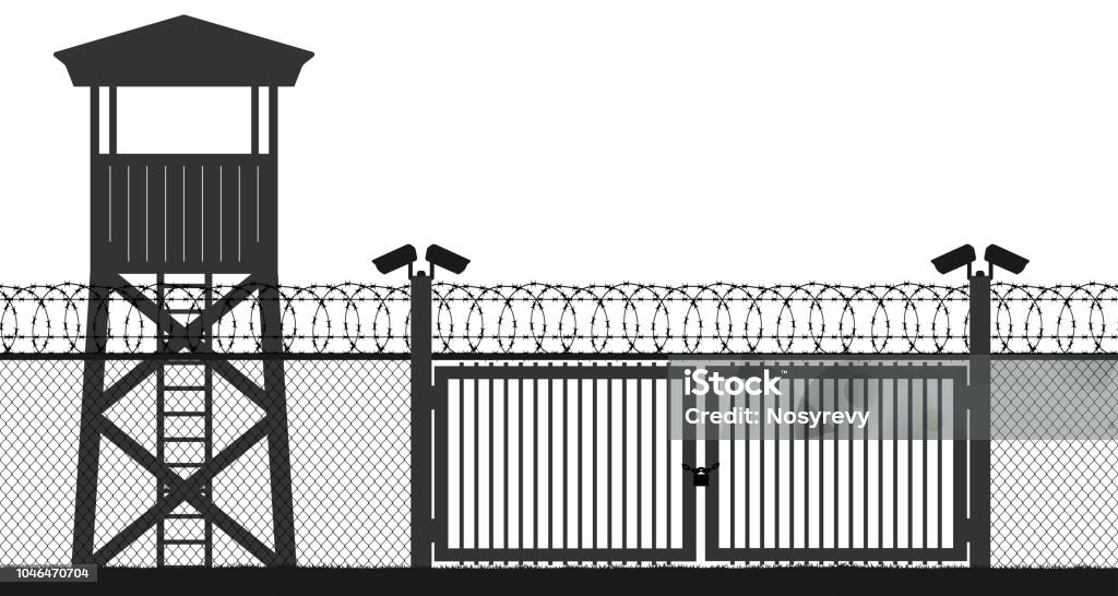 Checkpoint, prison tower, protection territory, watchtower, state border,military base. Street camera on the pillar. Block post, gate. Fence wire mesh barbed wire, seamless vector silhouette Prison stock vector