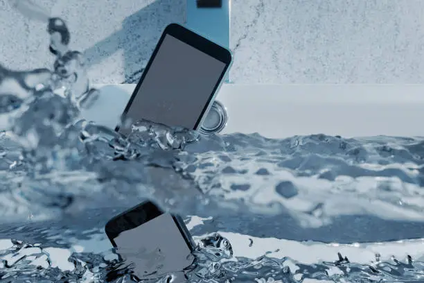3d rendering of black mobile phone falling into washbasin and sparkling water