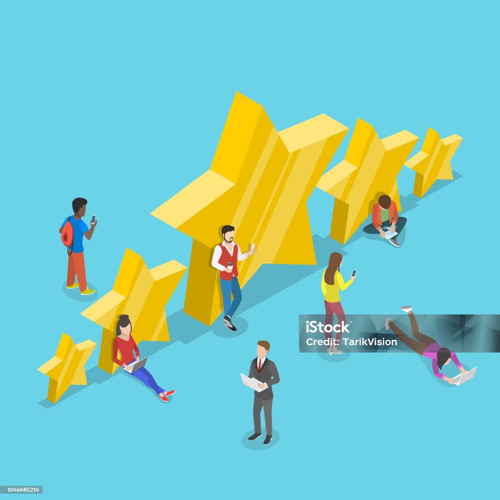 Five stars rating flat isometric vector concept. Flat isometric vector concept of five stars, best rating, customer feedback, positive review. Isometric Projection stock vector