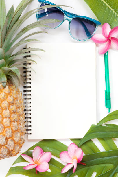 istock Tropical top view summer botanical concept still life notebook s 1046485514