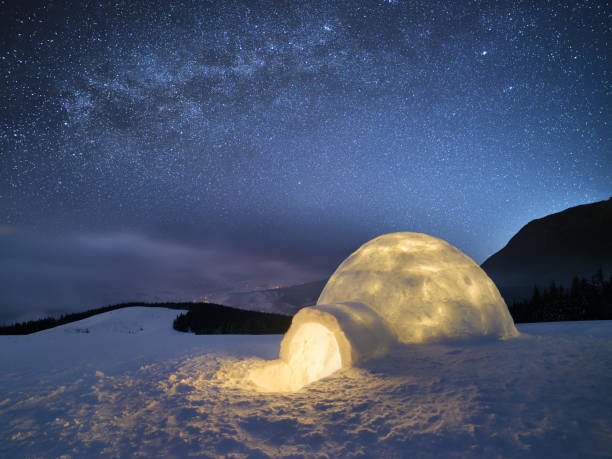 paisaje de invierno nocturno con un iglú de nieve y un cielo estrellado - iglú fotografías e imágenes de stock