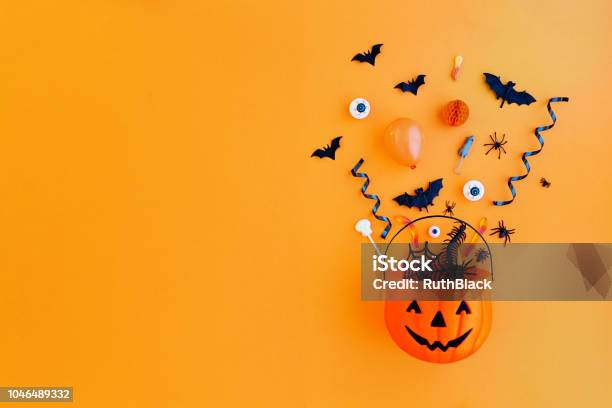 Pumpkin With Halloween Objects Stock Photo - Download Image Now - Halloween, Candy, Trick Or Treat