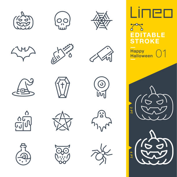 lineo editierbare schlaganfall - happy halloween linie symbole - hexenhut stock-grafiken, -clipart, -cartoons und -symbole