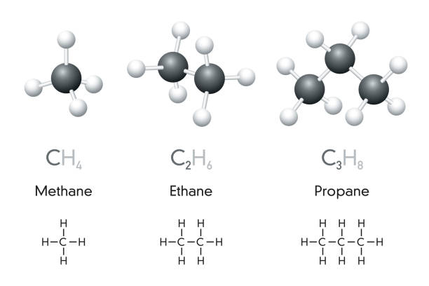 illustrazioni stock, clip art, cartoni animati e icone di tendenza di formule chimiche di metano, etano, propano e modelli di molecole - hydrogen molecule white molecular structure