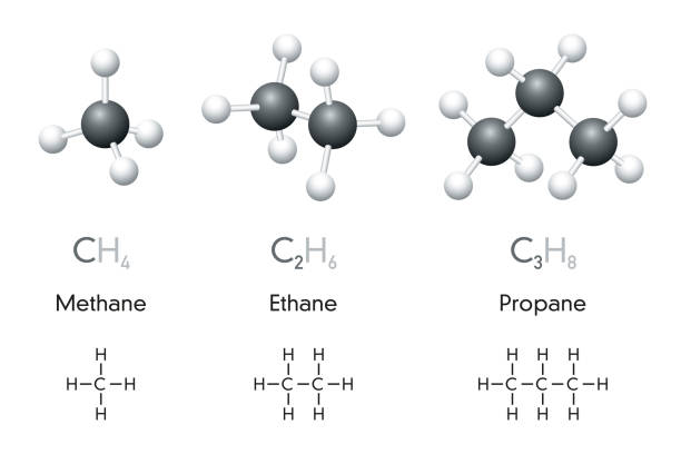 metan, etan, propan chemiczne formuły i modele cząsteczek - chemistry molecule formula molecular structure stock illustrations