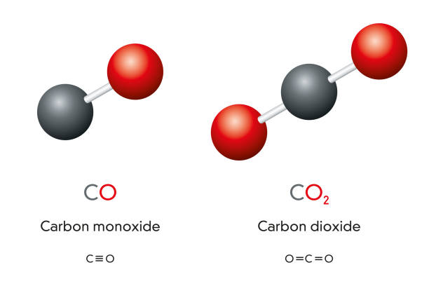 karbon monoksit ve karbondioksit molekülleri ve kimyasal formüller - karbondioksit stock illustrations