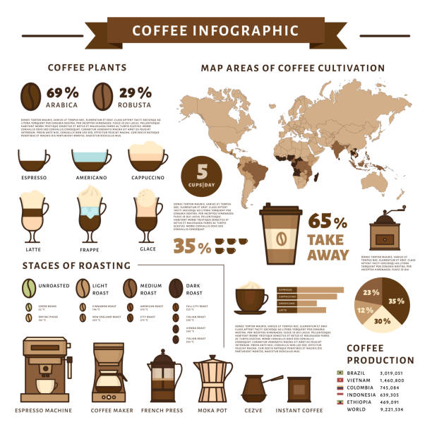 Coffee infographic. Types of coffee. Flat style, vector illustration. Coffee infographic. Types of coffee. Flat style, vector illustration. arabica coffee drink stock illustrations