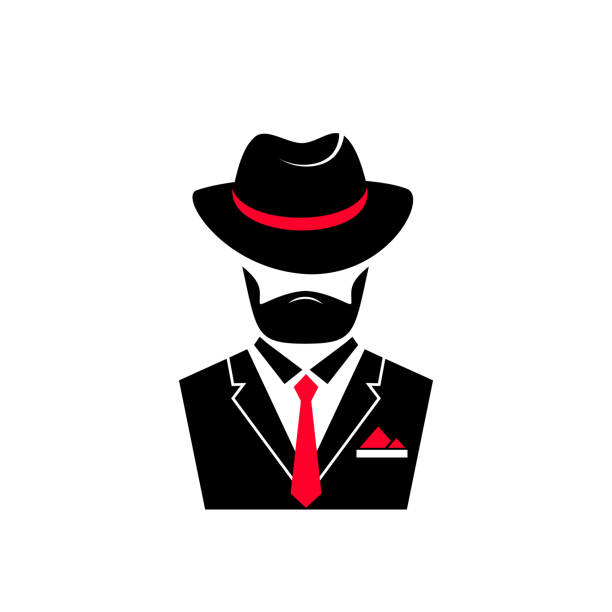 ilustraciones, imágenes clip art, dibujos animados e iconos de stock de hombre barbudo en un sombrero y una chaqueta con un empate. insignia de caballero de estilo de la mafia para hombre tienda, un peluquería. - lapel suit jacket necktie