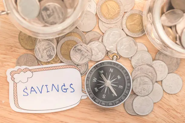 compass and coins on money of business planning and finance and savings. LTF and RMF concept.