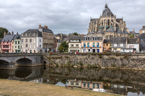 The town of Mayenne in the Pays de la Loire region of northwest France. Named after the Mayenne River which flows through the town.