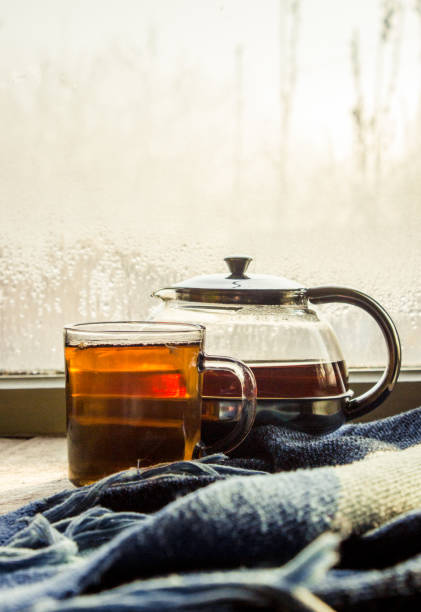 hot tea in the pot near the window. selective focus.
