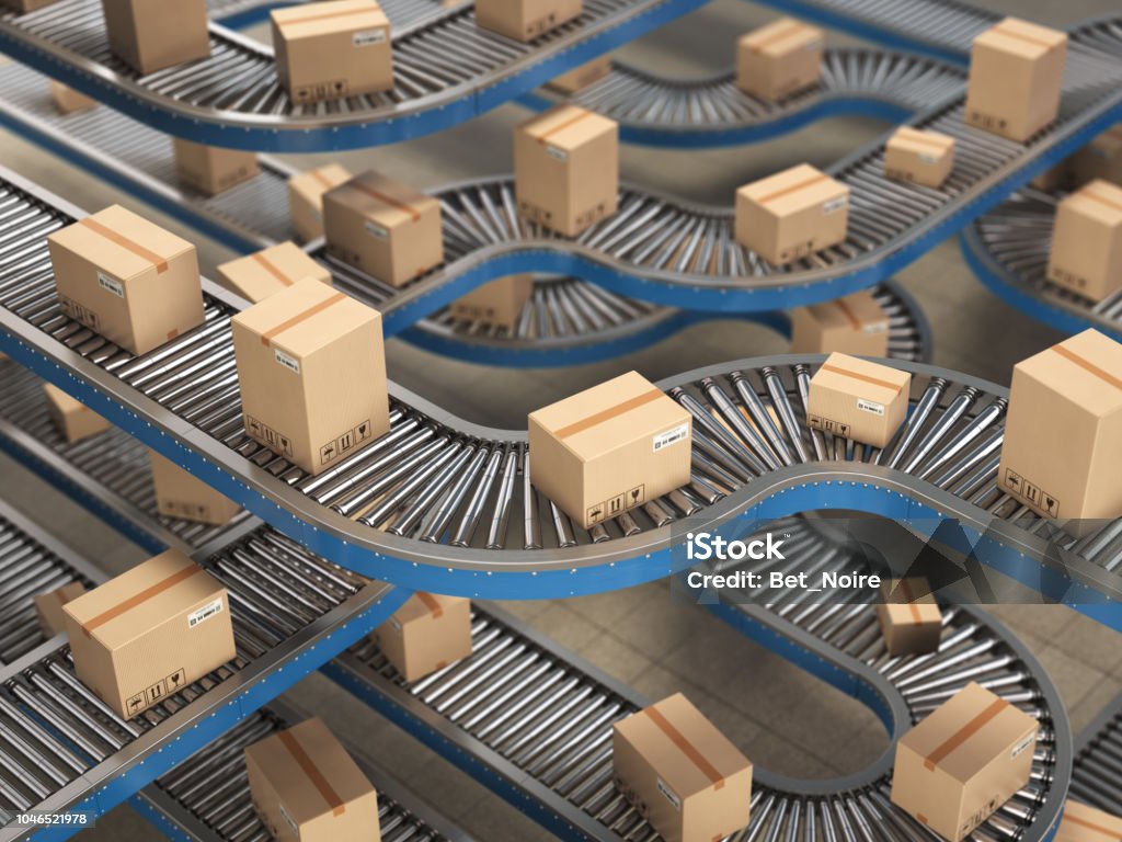 Cardboard boxes on conveyor roller in distribution warehouse, Delivery and packaging service concept background. Cardboard boxes on conveyor roller in distribution warehouse, Delivery and packaging service concept background. 3d illustration Freight Transportation Stock Photo