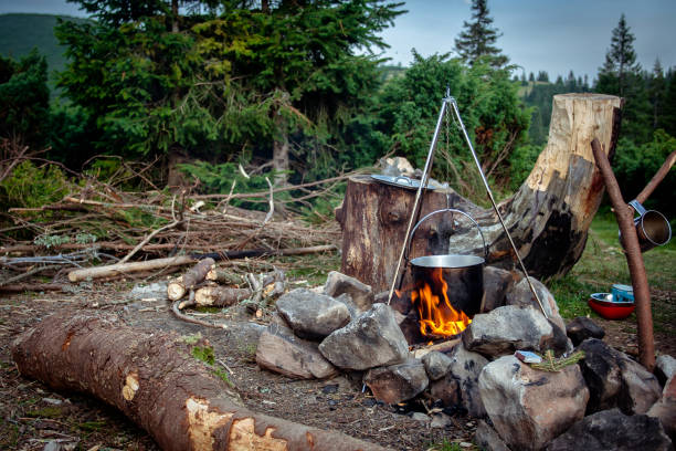 istock Cooking meal in a kettle on burning campfire in wild camping 1046532388