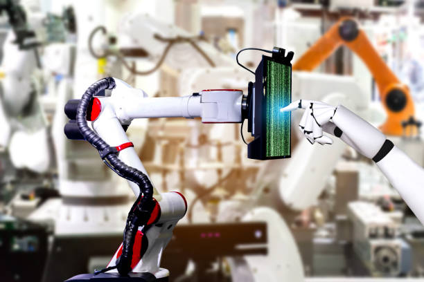 istock Robotic artificial automated manufacturing smart robot touch screen tablet wireless. 1046532558