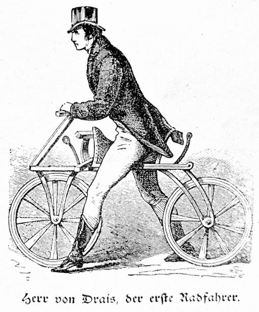 ilustraciones, imágenes clip art, dibujos animados e iconos de stock de karl von drais, el primer ciclista con su draisinne o dandy horse - von