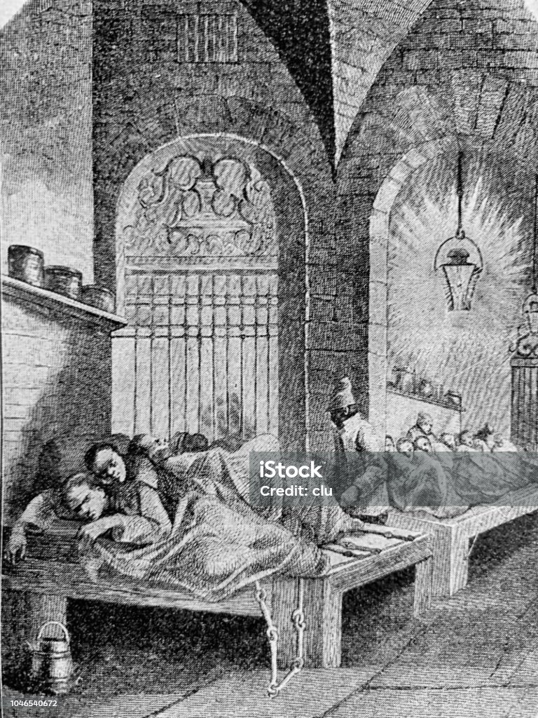 Inside prison, men lying on planks, chained up, 1802 Illustration from 19th century 19th Century stock illustration